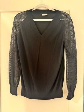 Akris Punto Black V-Neck Sweater with Sheer Knit Balloon Sleeves
